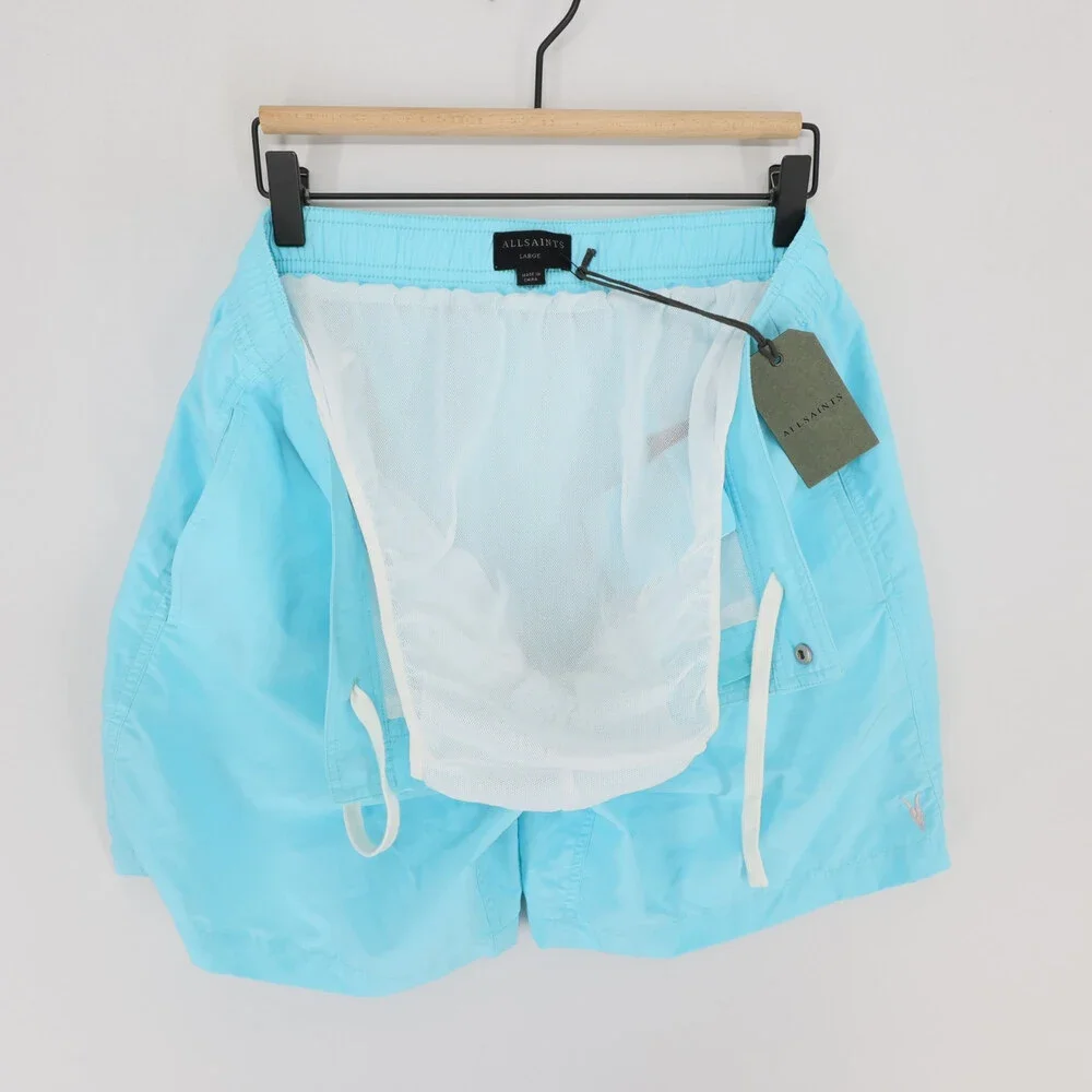 AllSaints Warden Swim Trunks Mens L Blue Ramskull Mesh Lined Elastic Waist